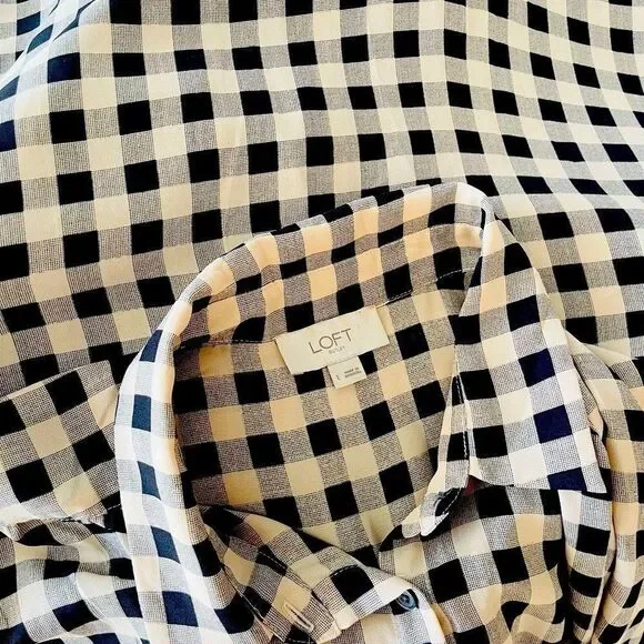 LOFT Outlet Button front Black and Tan Check Camp style Blouse size L - Picture 6 of 6